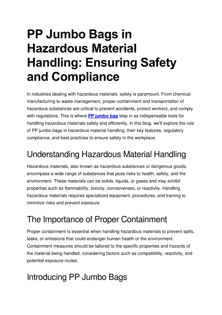 pp jumbo bags in hazardous material handling n.w
