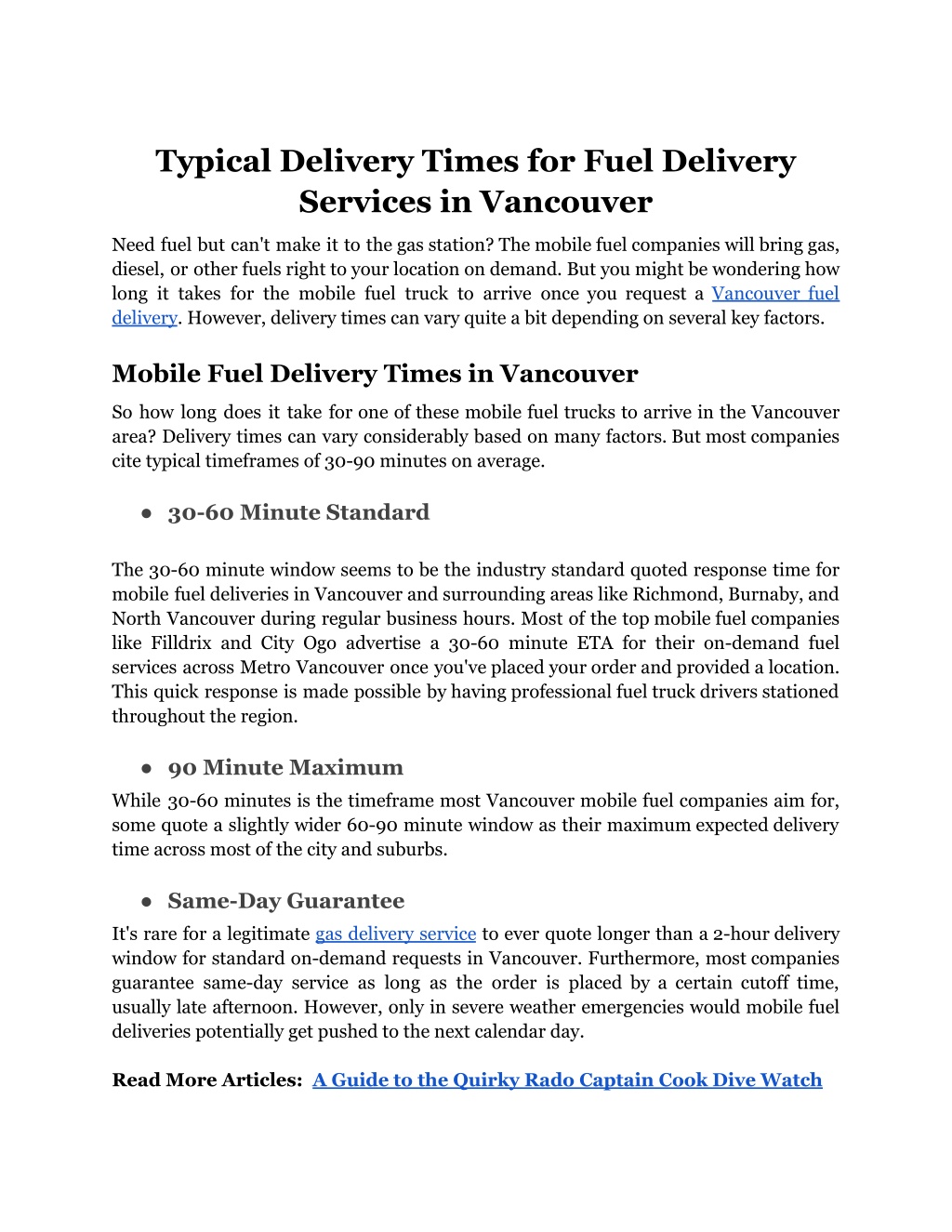 typical delivery times for fuel delivery services l.w