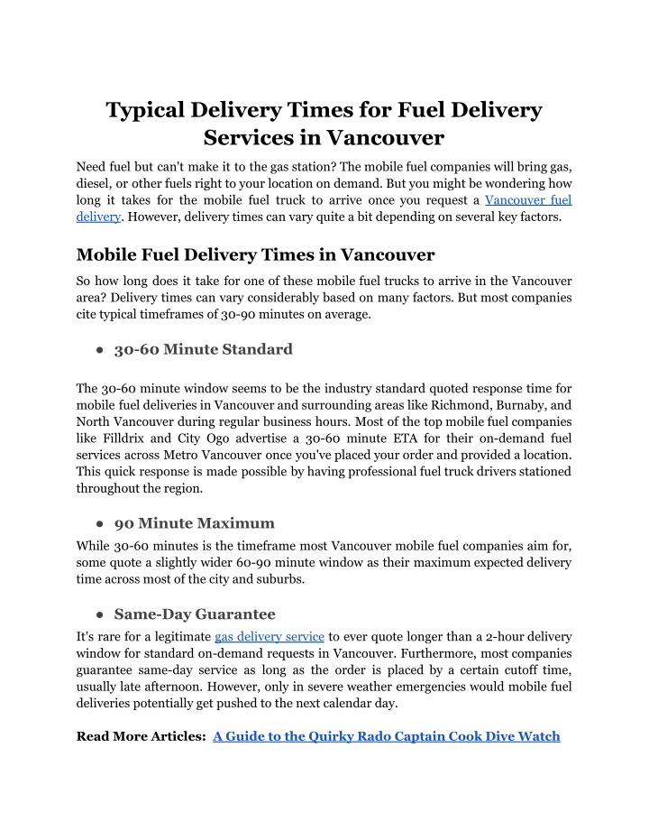 typical delivery times for fuel delivery services n.w