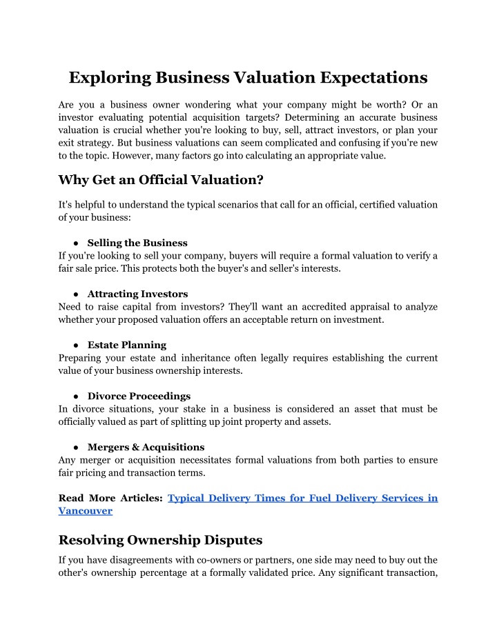 exploring business valuation expectations n.w