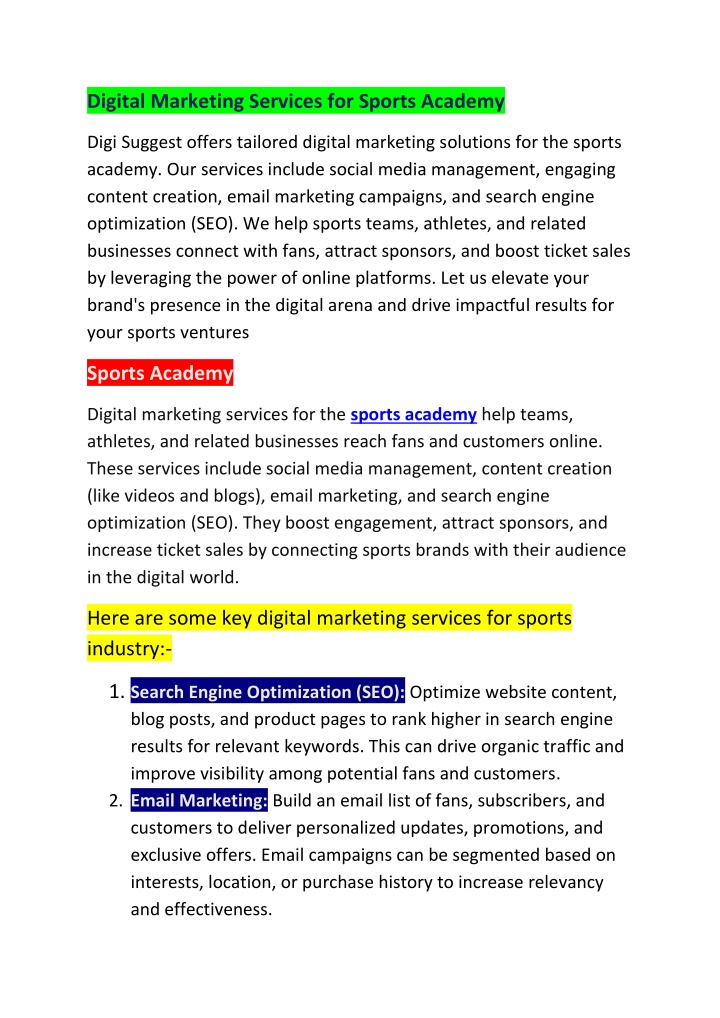 digital marketing services for sports academy n.w