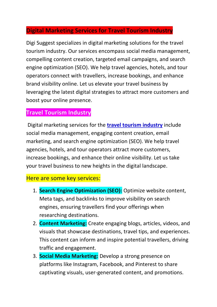 digital marketing services for travel tourism n.w