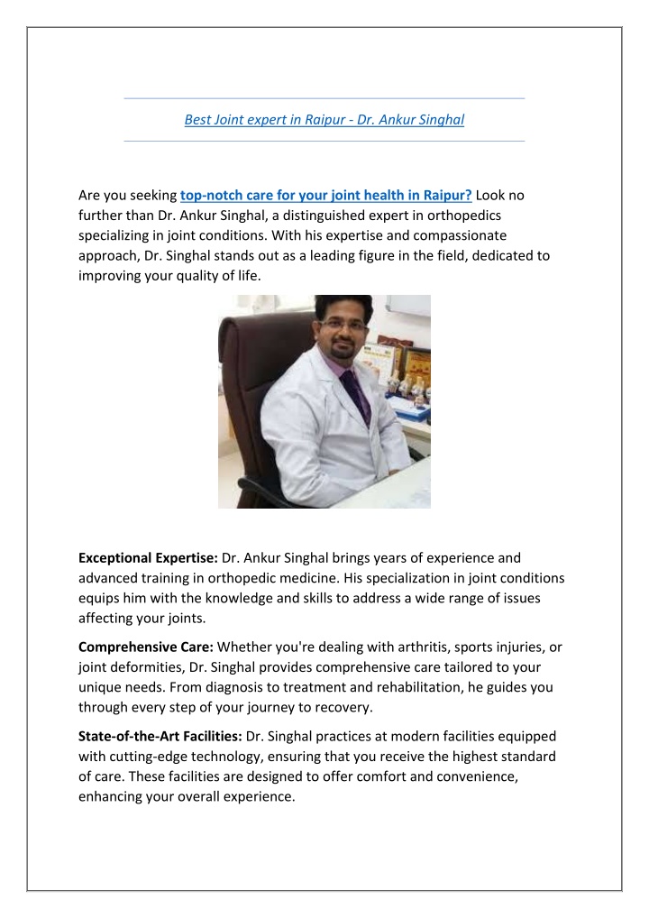 best joint expert in raipur dr ankur singhal n.w
