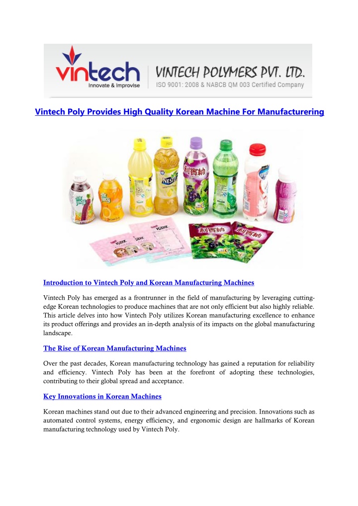 vintech poly provides high quality korean machine n.w