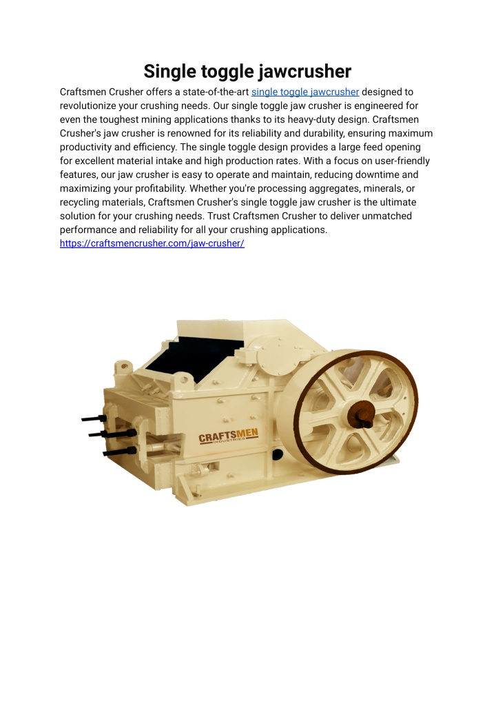 single toggle jawcrusher craftsmen crusher offers n.w