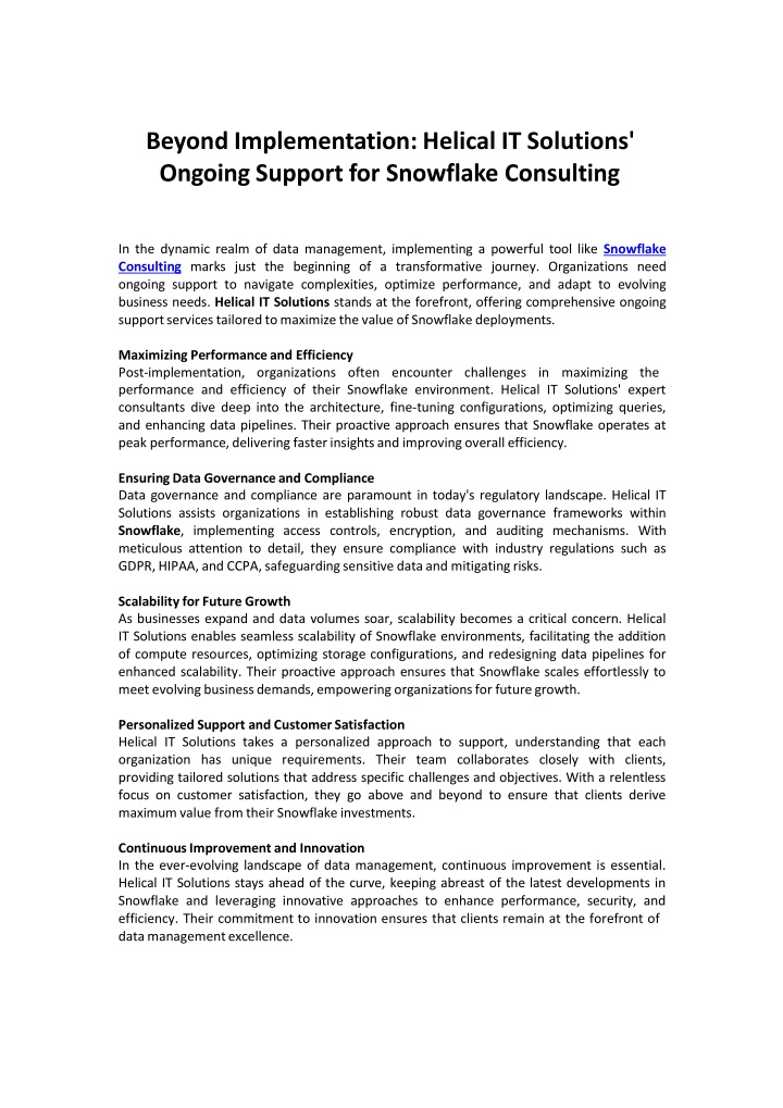 Helical IT Solutions' Ongoing Support for Snowflake Consulting Services