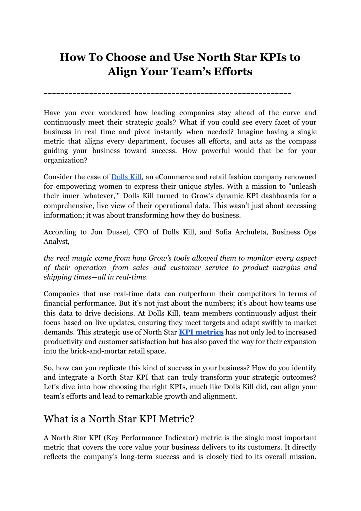how to choose and use north star kpis to align n.w