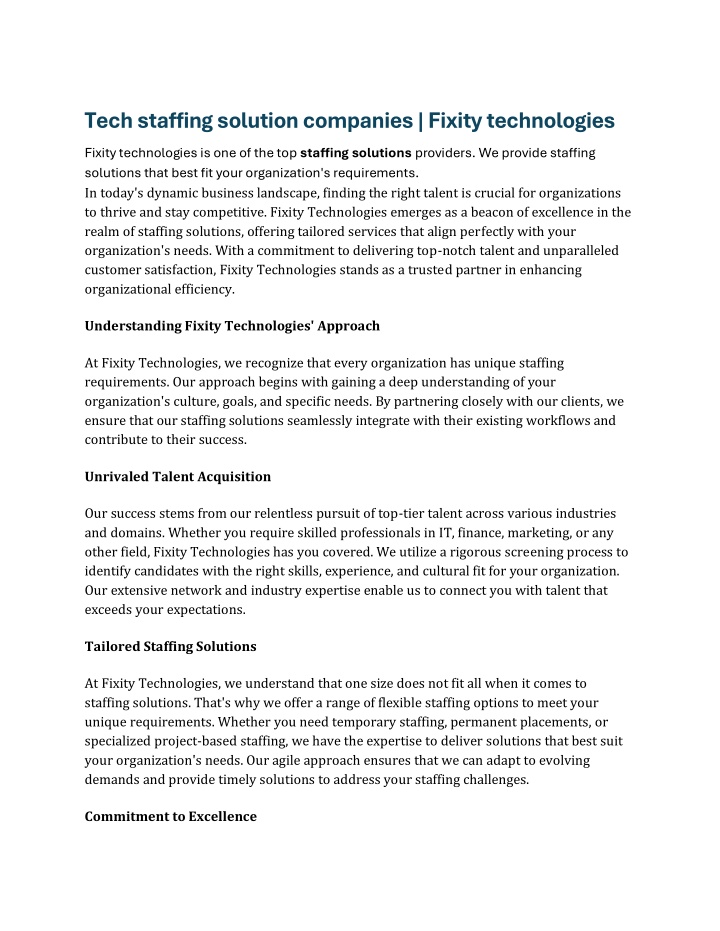 tech staffing solution companies fixity n.w