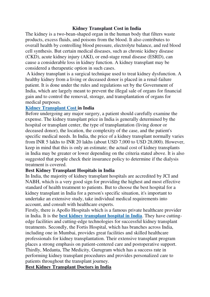 kidney transplant cost in india the kidney n.w
