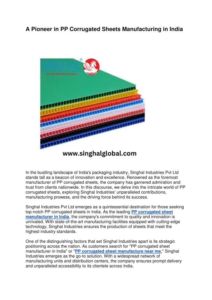 a pioneer in pp corrugated sheets manufacturing n.w