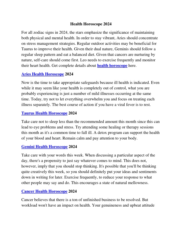 health horoscope 2024 n.w