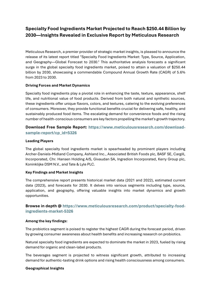 specialty food ingredients market projected n.w
