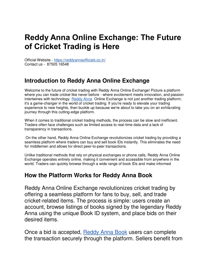 reddy anna online exchange the future of cricket n.w