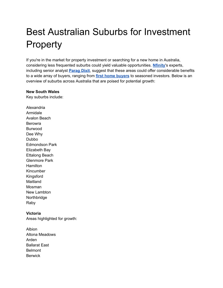 best australian suburbs for investment property n.w