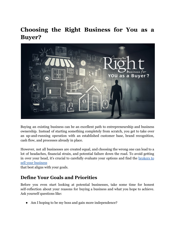 choosing the right business for you as a buyer n.w