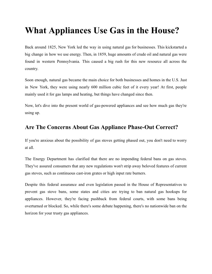 what appliances use gas in the house n.w