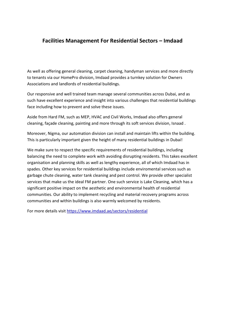 facilities management for residential sectors n.w
