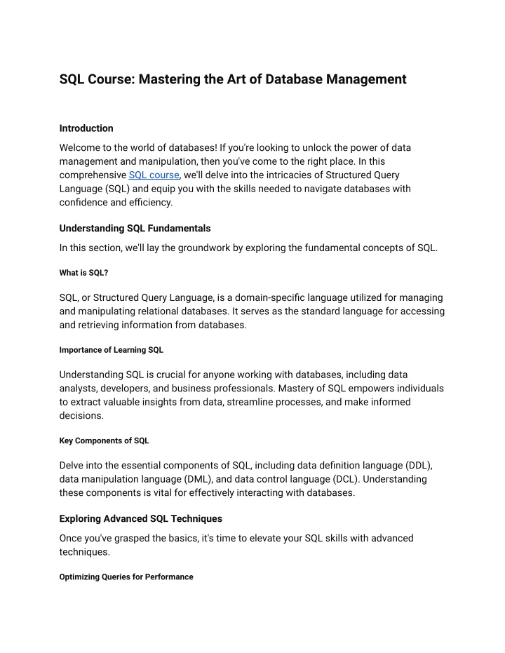 sql course mastering the art of database n.w