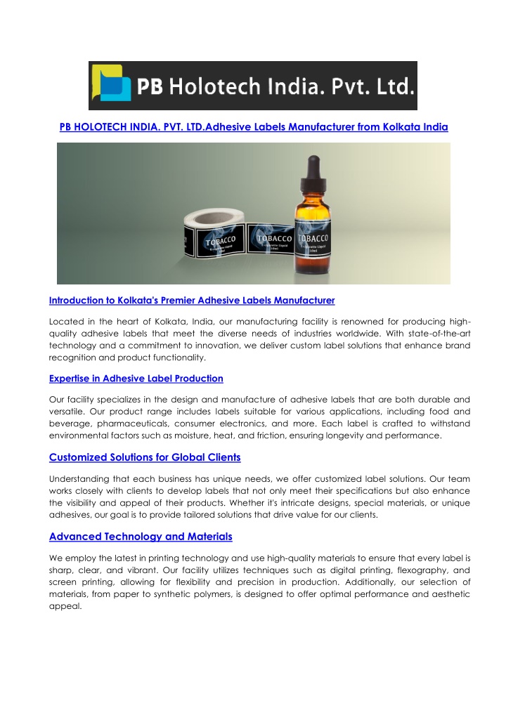 pb holotech india pvt ltd adhesive labels n.w