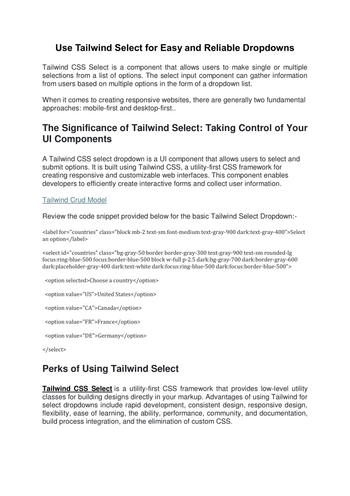 use tailwind select for easy and reliable n.w