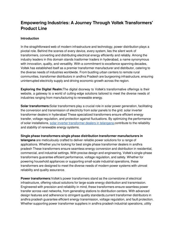 Empowering Industries: A Journey Through Voltek Transformers' Product Line