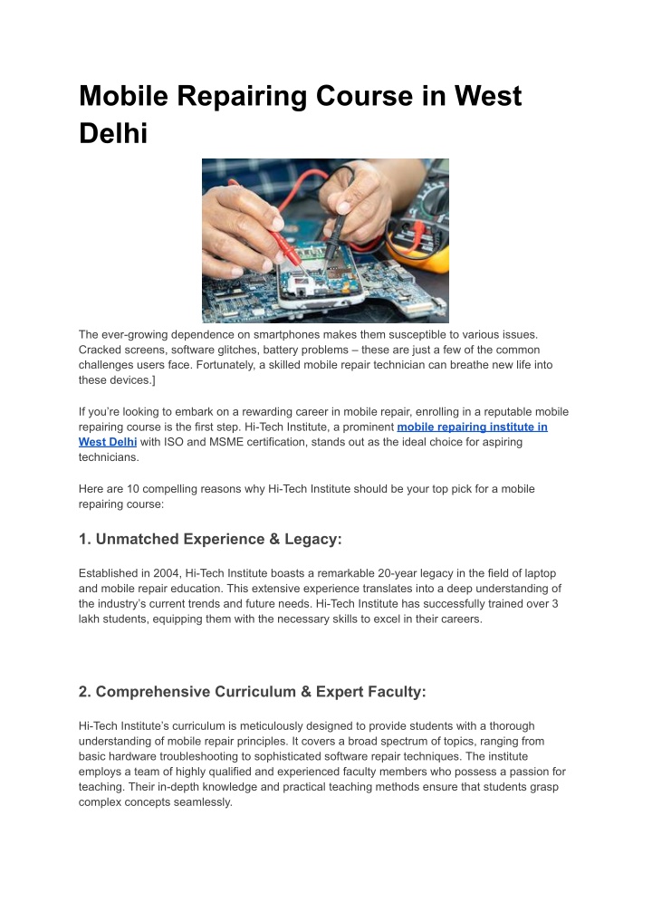 mobile repairing course in west delhi n.w