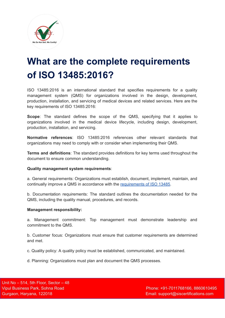 what are the complete requirements of iso 13485 n.w