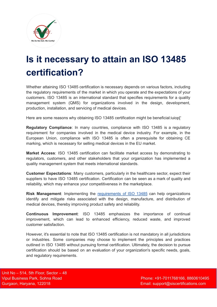 is it necessary to attain an iso 13485 n.w