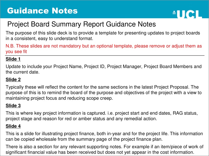 Project Board Update Presentation Template Summary