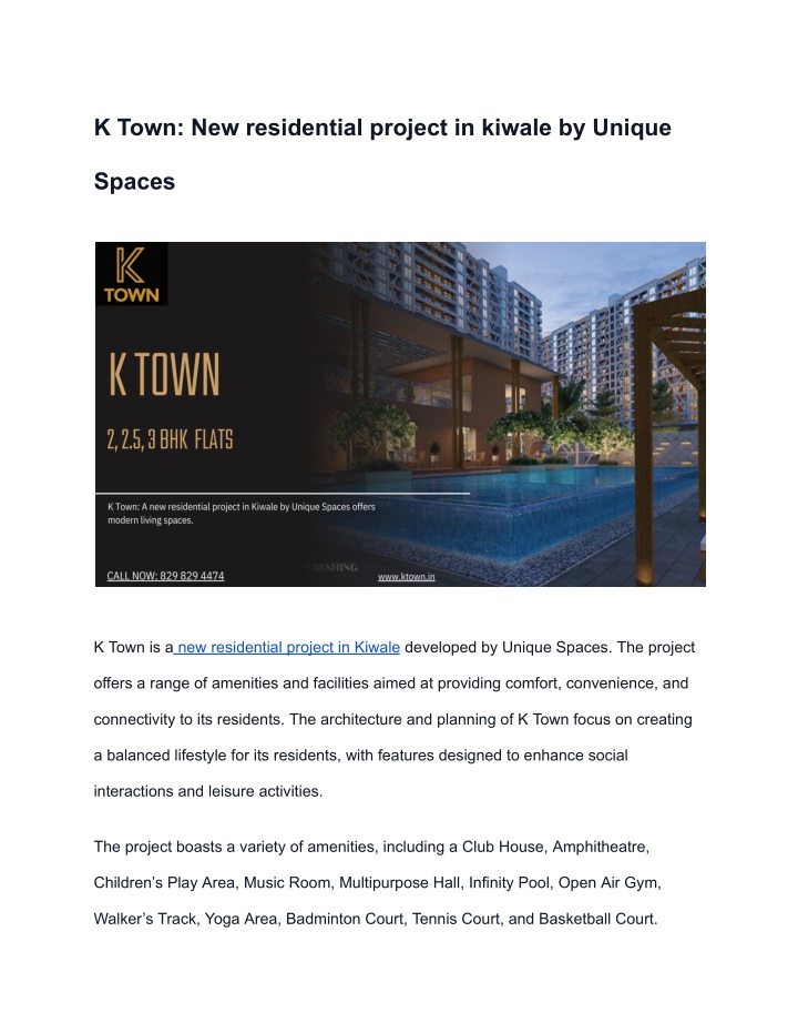 k town new residential project in kiwale by unique n.w