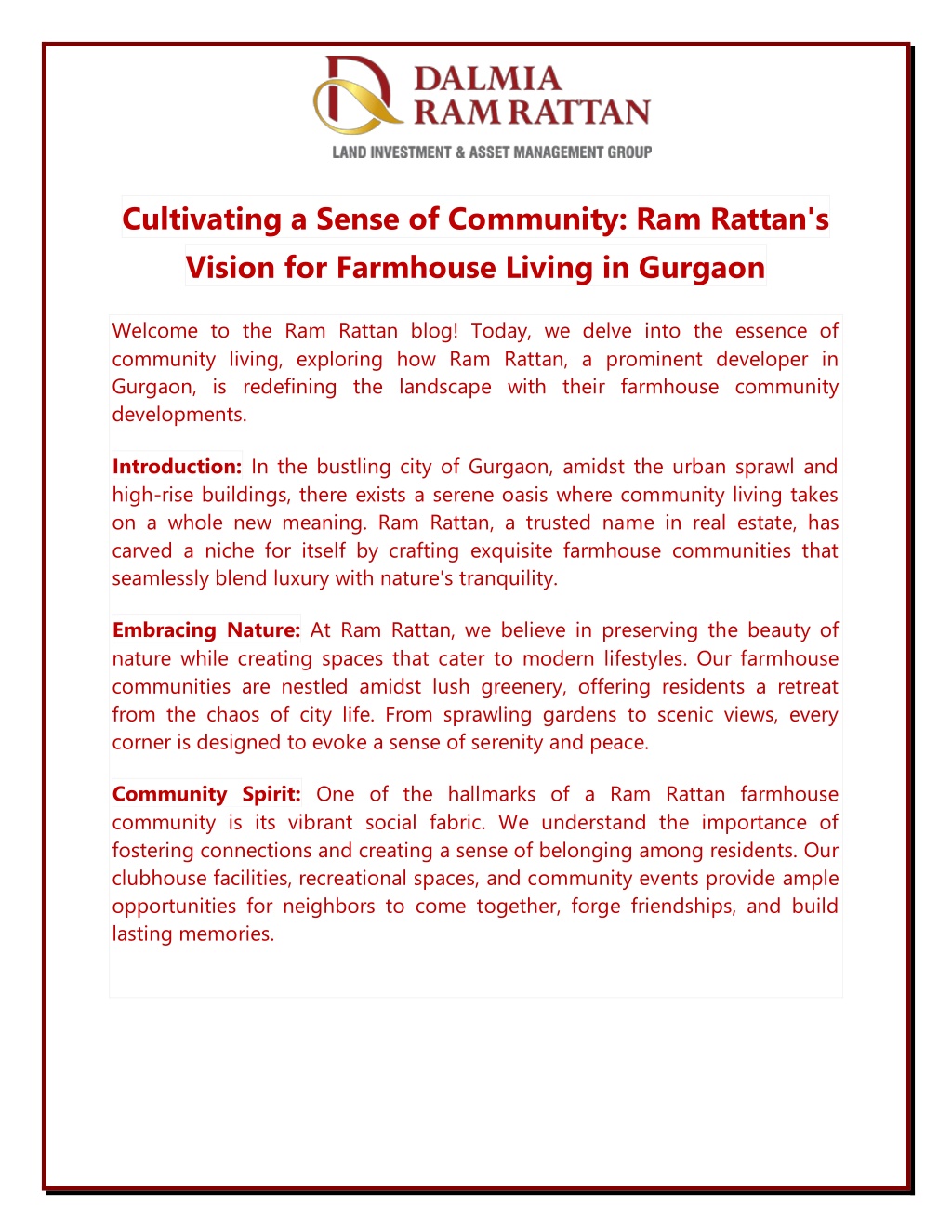 cultivating a sense of community ram rattan l.w