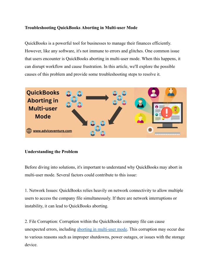 troubleshooting quickbooks aborting in multi user n.w