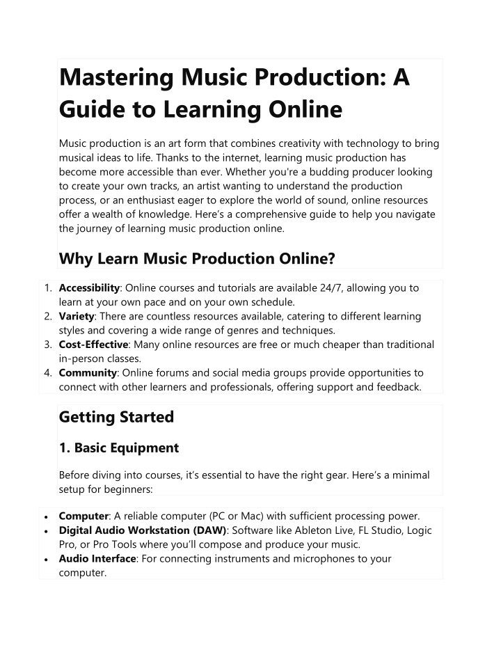 mastering music production a guide to learning n.w