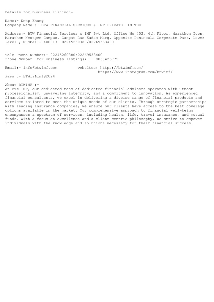 details for business listing name deep bhong n.w