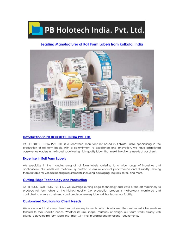 leading manufacturer of roll form labels from n.w