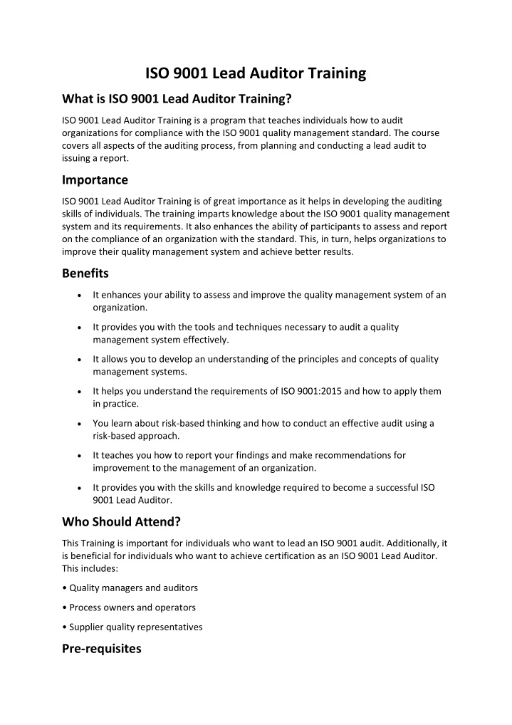 iso 9001 lead auditor training n.w