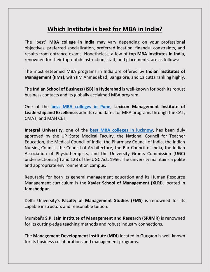 which institute is best for mba in india n.w
