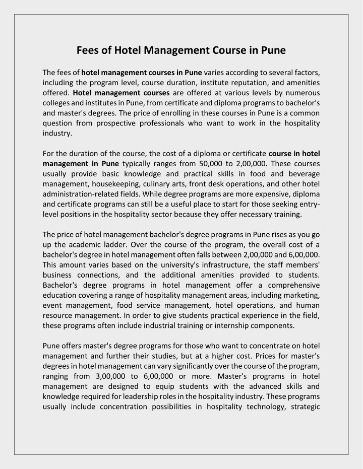 fees of hotel management course in pune the fees n.w