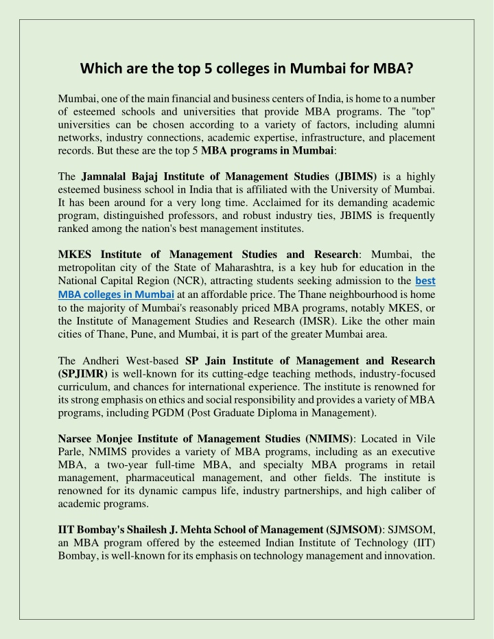 which are the top 5 colleges in mumbai for mba n.w