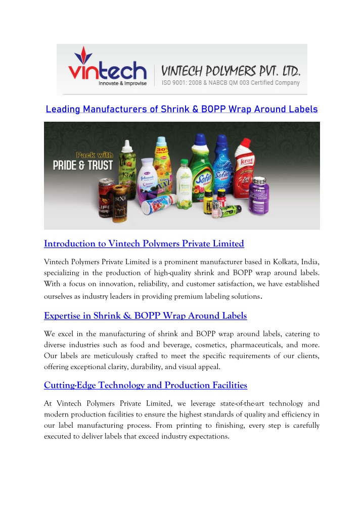 leading manufacturers of shrink bopp wrap around n.w