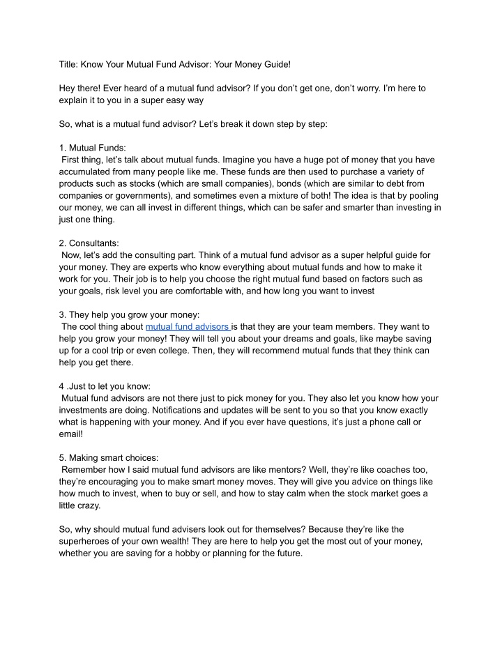 title know your mutual fund advisor your money n.w