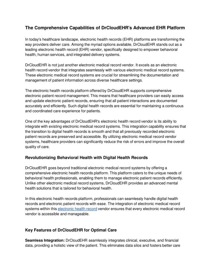 The Comprehensive Capabilities of DrCloudEHR's Advanced EHR Platform