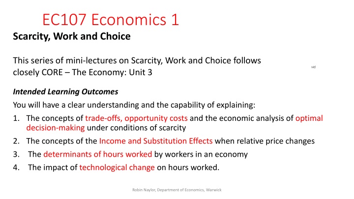 Economics Lecture Series on Scarcity, Work, and Choice