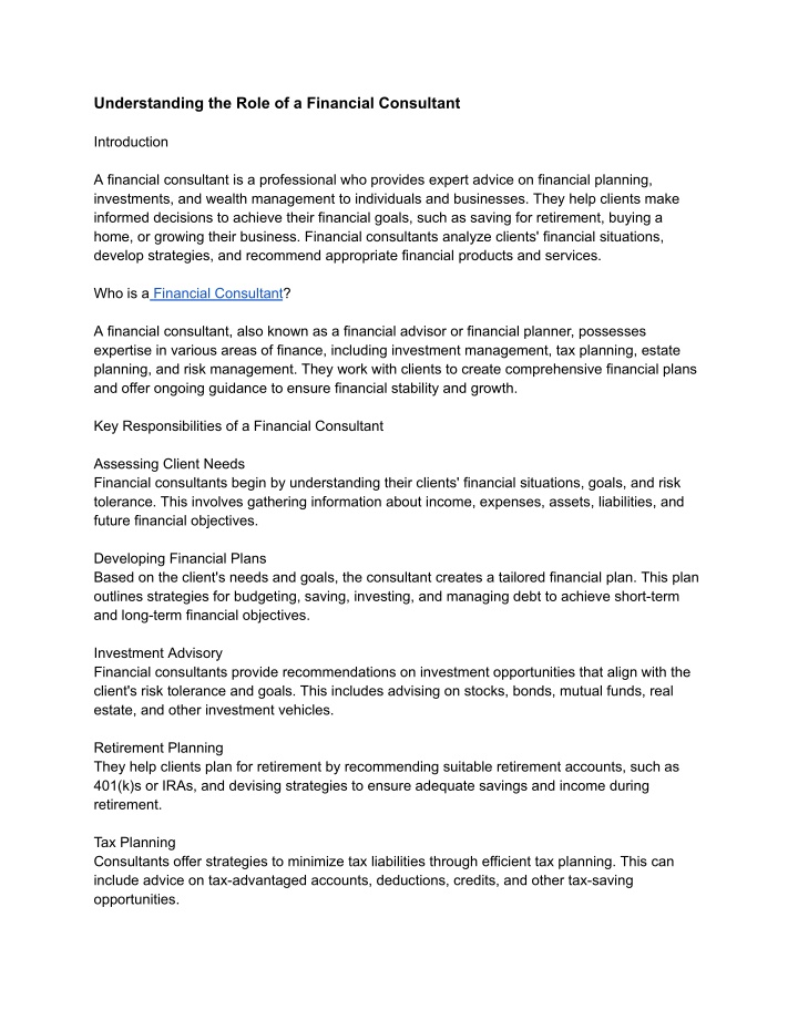 understanding the role of a financial consultant n.w