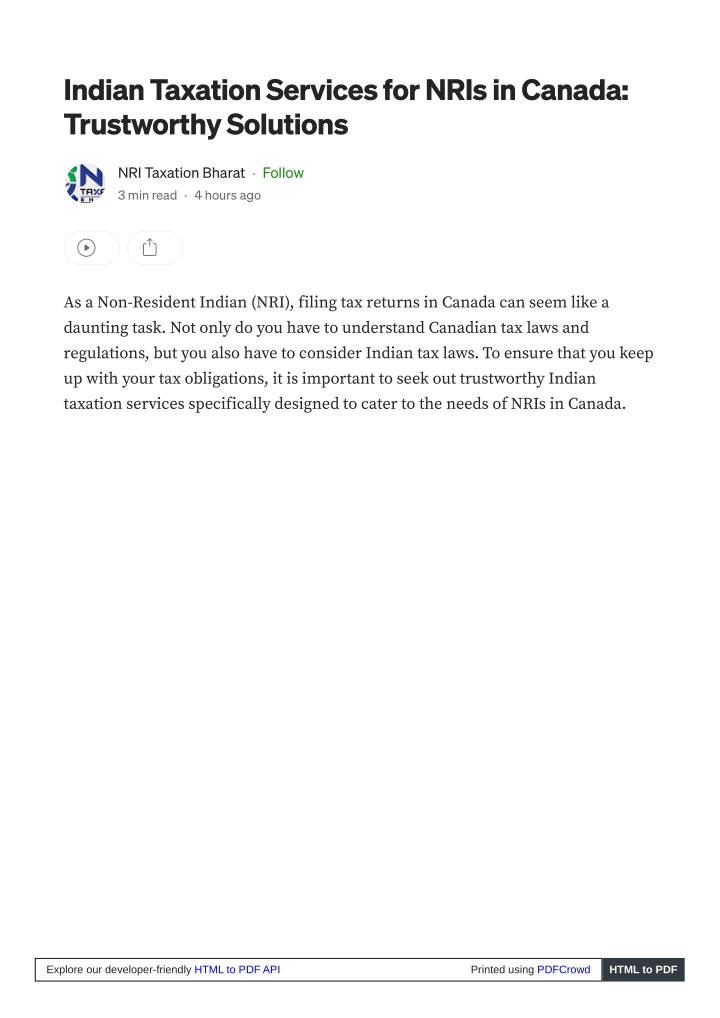 indian taxation services for nris in canada n.w