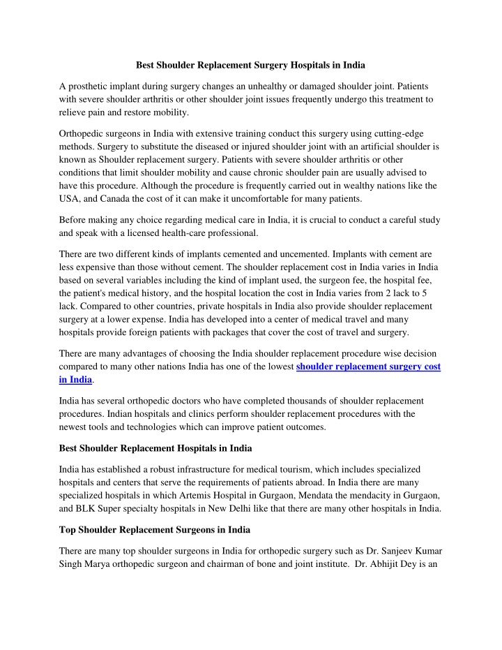 best shoulder replacement surgery hospitals n.w
