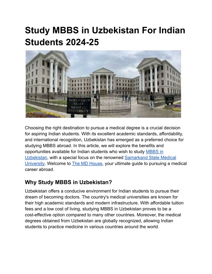 study mbbs in uzbekistan for indian students 2024 n.w