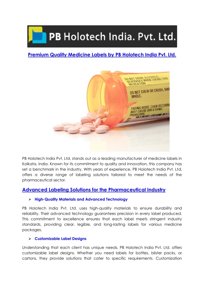 premium quality medicine labels by pb holotech n.w