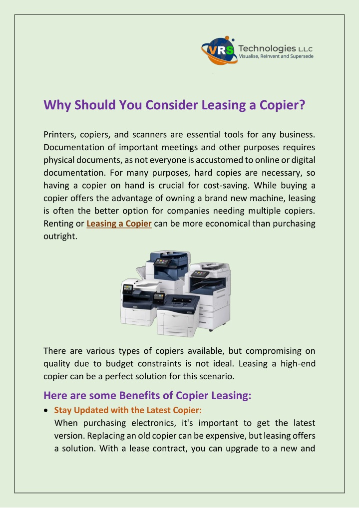 why should you consider leasing a copier n.w