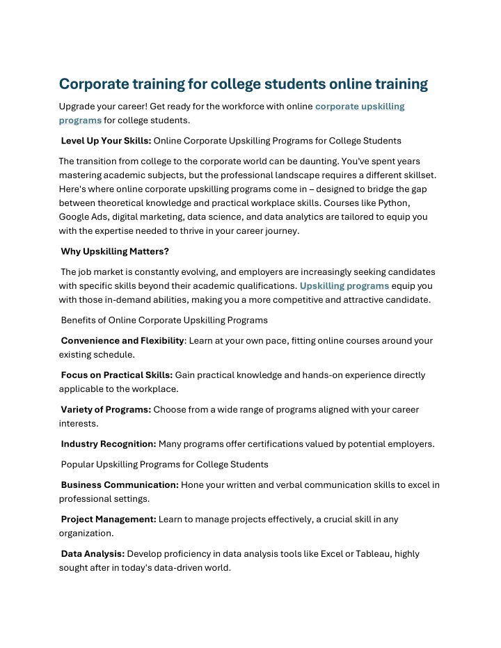 corporate training for college students online n.w
